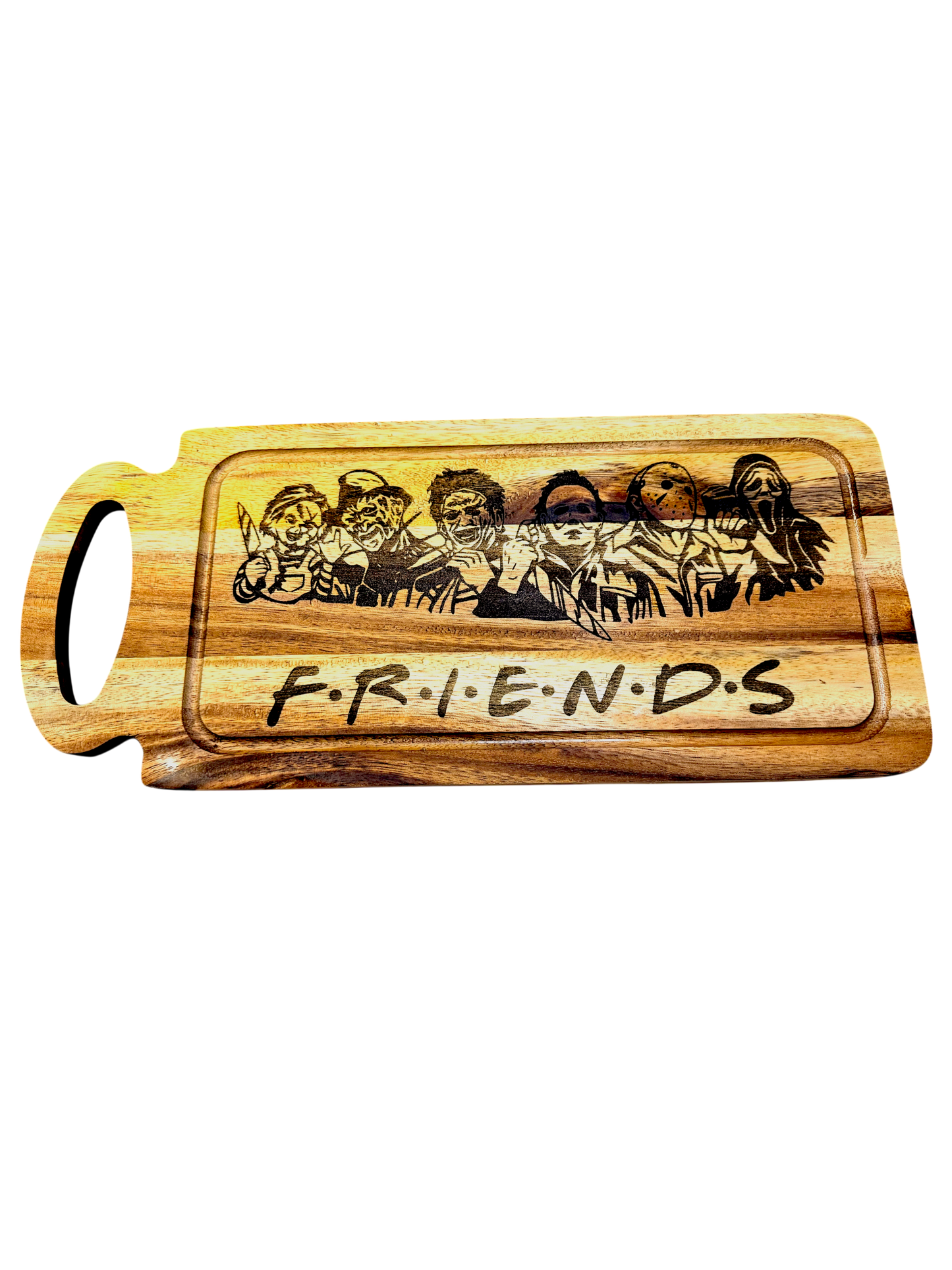 🔪 Horror FRIENDS Acacia Cutting Board – 18x10” w/ Juice Groove