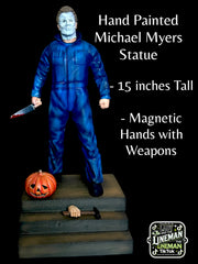 Hand-Painted 15” Michael Myers Horror Statue – Magnetic Hands, Slasher Weapon Set & Custom Display Base