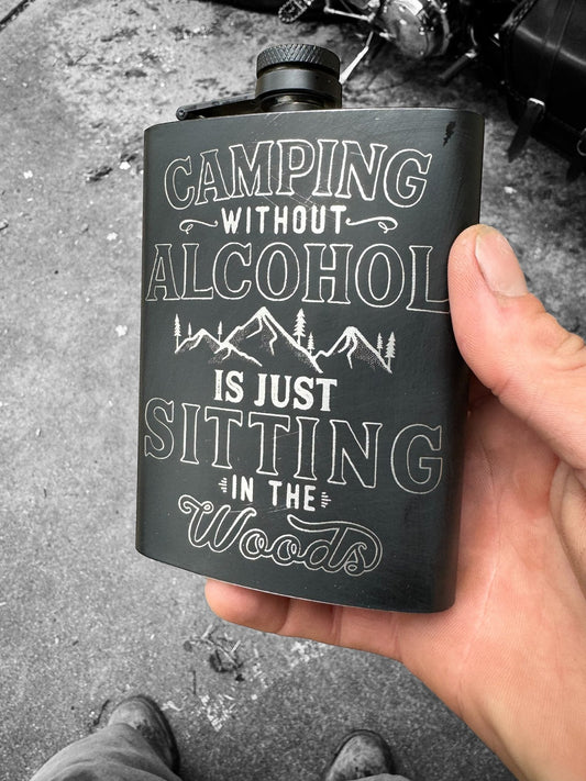 Camping Engraved Stainless Steel Hip Flask | camping-engraved-stainless-steel-hip-flask | Lady and The Lineman