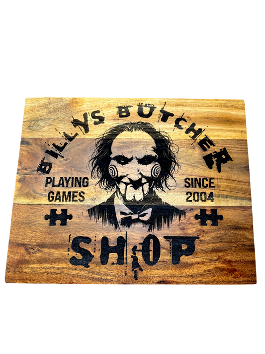 🪓 Billy’s Butcher Shop Acacia Cutting Board – Horror-Inspired Kitchen Decor