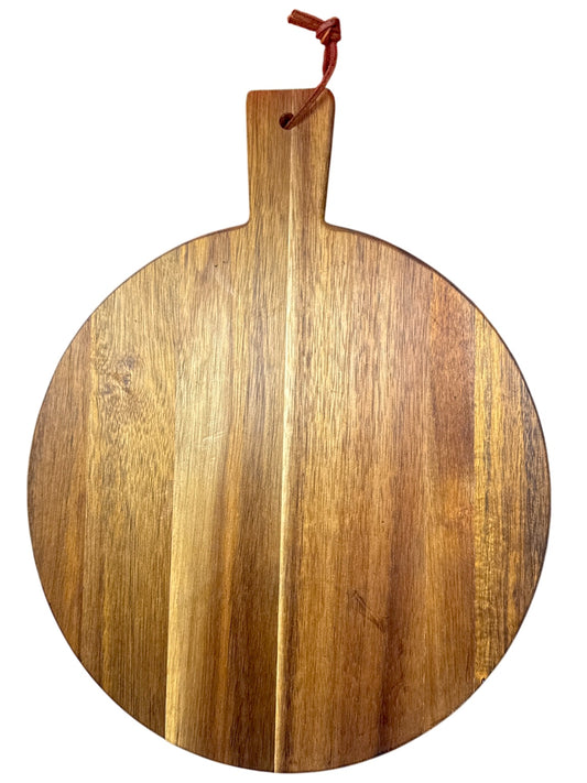 Back of Jigsaw's Escape Room 12 inch round acacia board