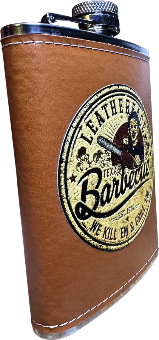 Leatherface Texas BBQ leather wrapped horror flask detail