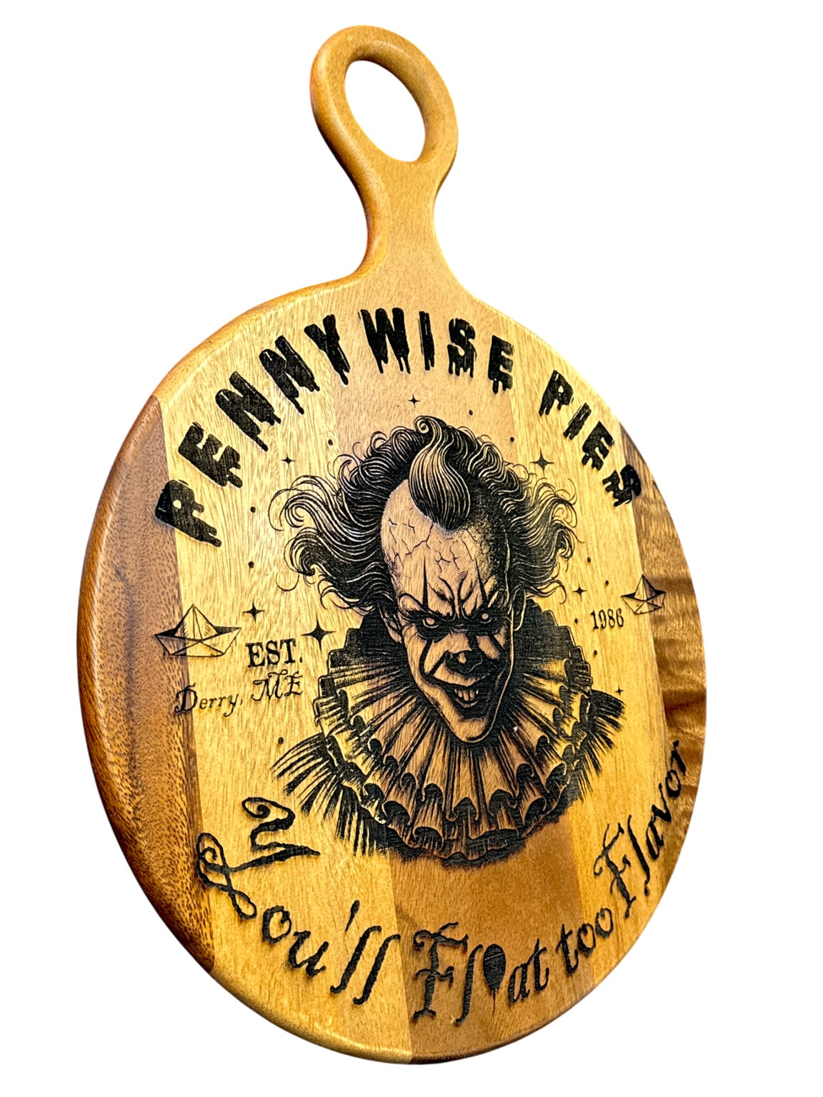 Pennywise Pies 14 inch engraved acacia horror serving board angled view