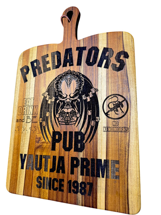 Angled view of Predators Pub Yautja Prime engraved serving board