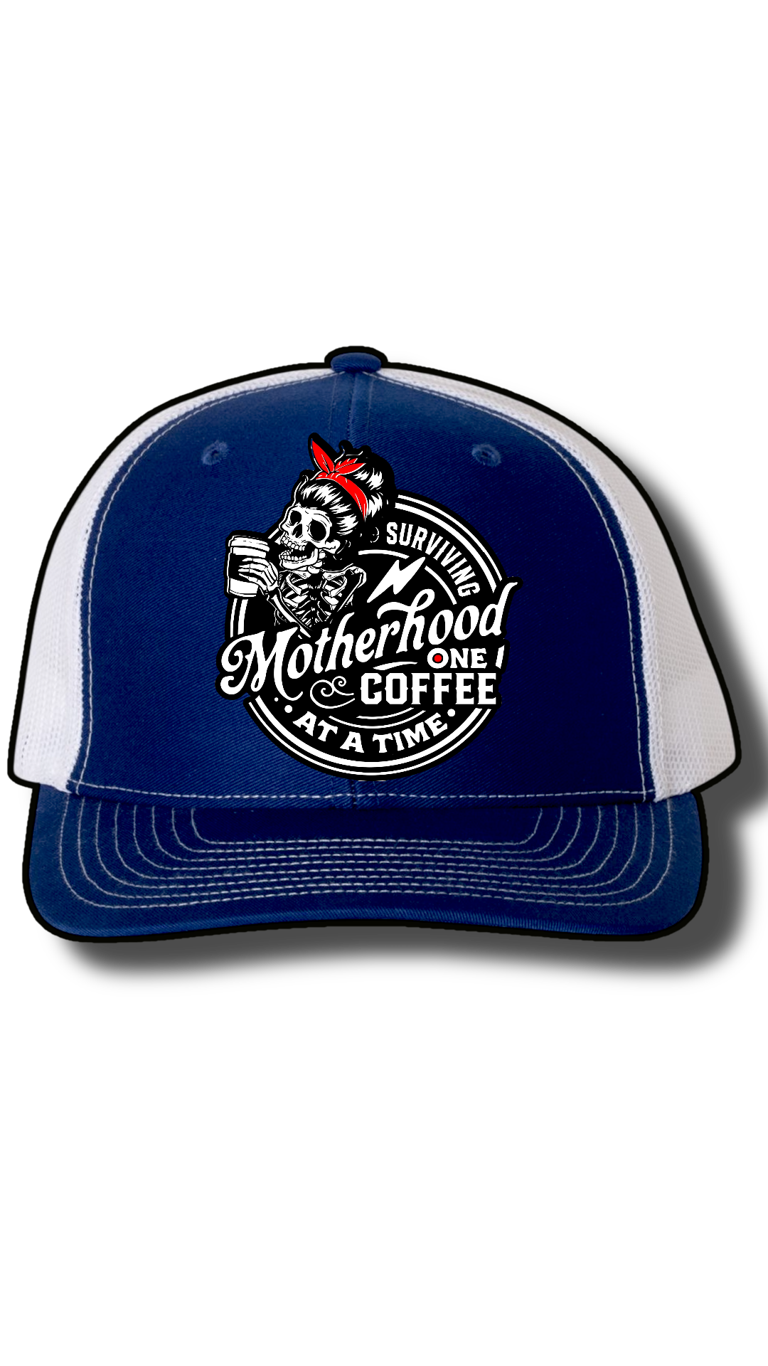 Surviving Motherhood One Coffee at a Time Hat – Richardson 112 Snapback with Laser Cut Skeleton Mom Patch – Funny Mom Trucker Hat