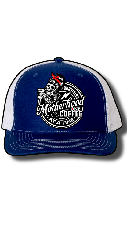 Surviving Motherhood One Coffee at a Time Hat – Richardson 112 Snapback with Laser Cut Skeleton Mom Patch – Funny Mom Trucker Hat