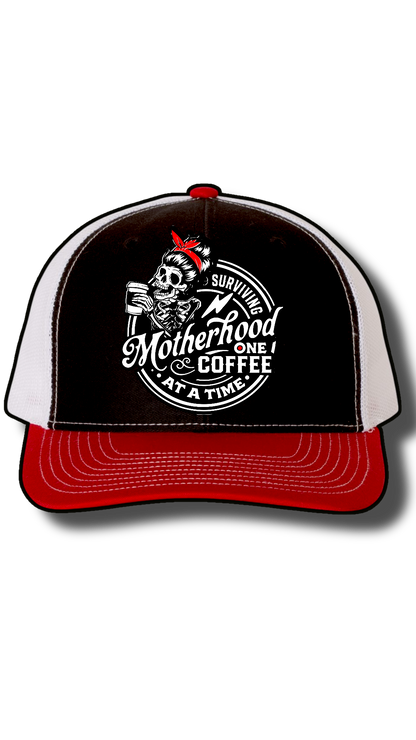 Surviving Motherhood One Coffee at a Time Hat – Richardson 112 Snapback with Laser Cut Skeleton Mom Patch – Funny Mom Trucker Hat