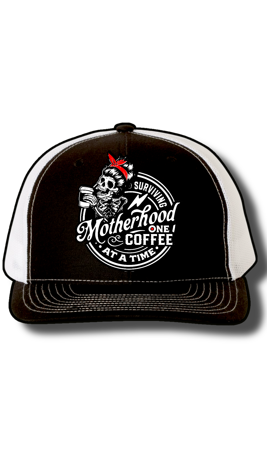 Surviving Motherhood One Coffee at a Time Hat – Richardson 112 Snapback with Laser Cut Skeleton Mom Patch – Funny Mom Trucker Hat