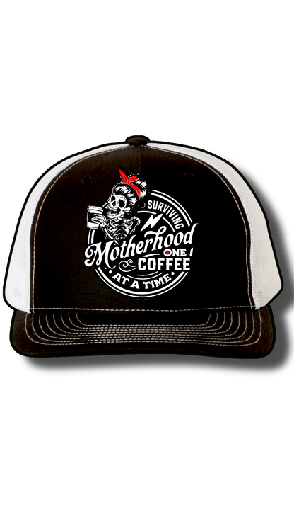 Surviving Motherhood One Coffee at a Time Hat – Richardson 112 Snapback with Laser Cut Skeleton Mom Patch – Funny Mom Trucker Hat