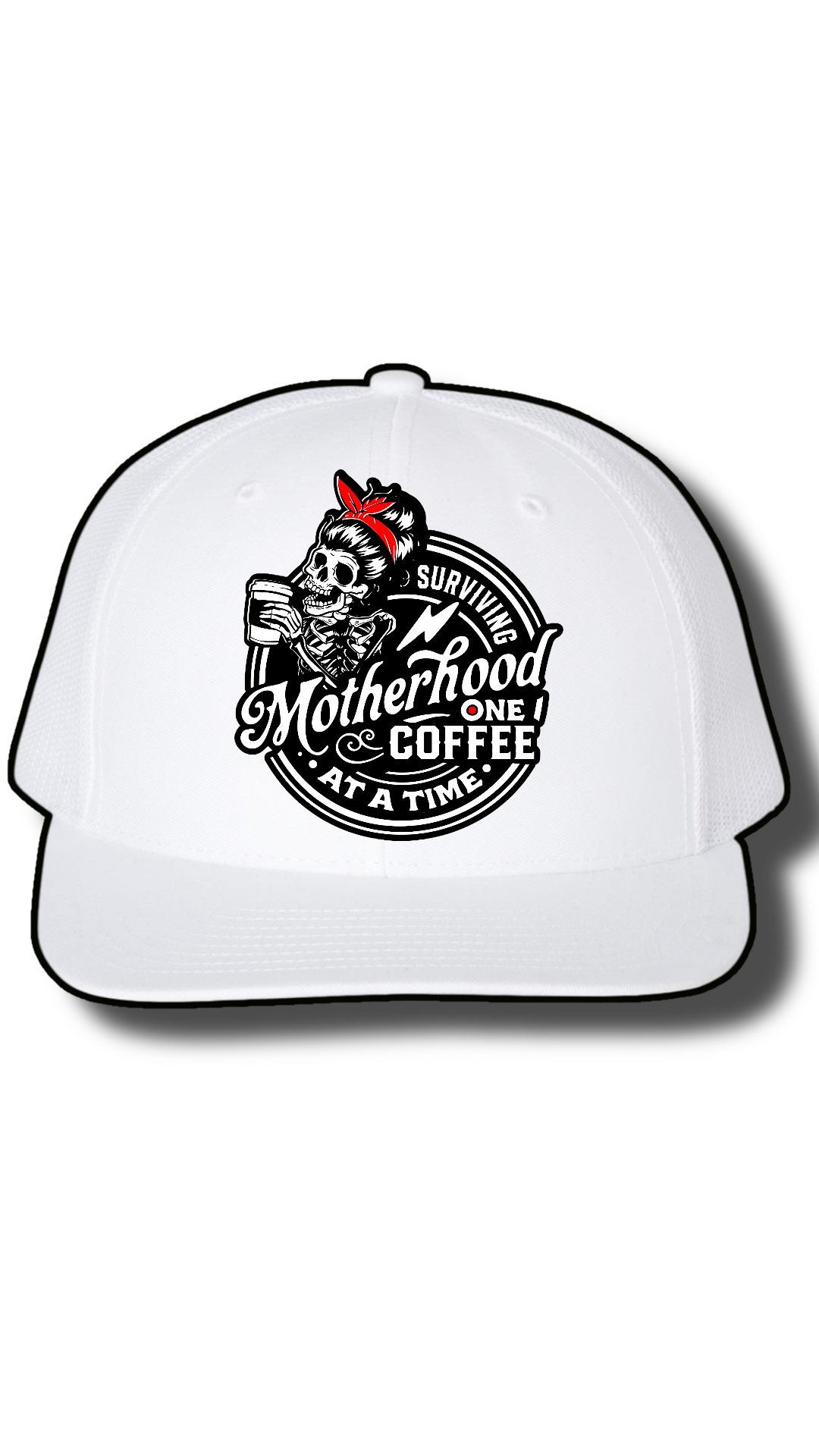 Surviving Motherhood One Coffee at a Time Hat – Richardson 112 Snapback with Laser Cut Skeleton Mom Patch – Funny Mom Trucker Hat
