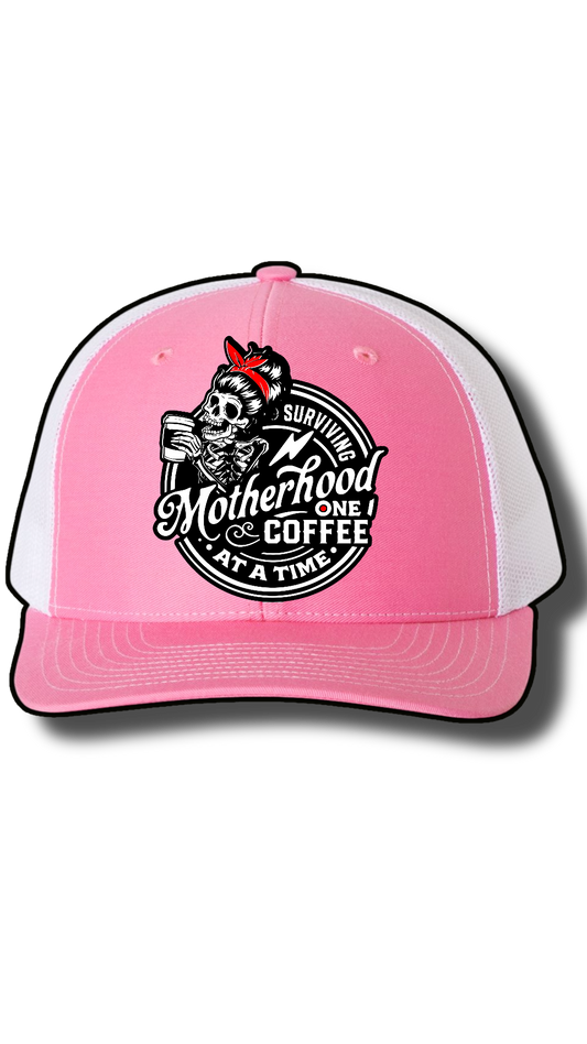 Surviving Motherhood One Coffee at a Time Hat – Richardson 112 Snapback with Laser Cut Skeleton Mom Patch – Funny Mom Trucker Hat