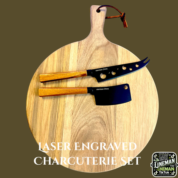 Personalized Acacia Wood Charcuterie Board with Engravable Knife Set