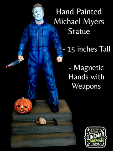 Hand-Painted 15” Michael Myers Horror Statue – Magnetic Hands, Slasher Weapon Set & Custom Display Base