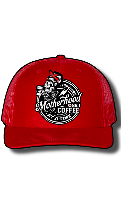 Surviving Motherhood One Coffee at a Time Hat – Richardson 112 Snapback with Laser Cut Skeleton Mom Patch – Funny Mom Trucker Hat