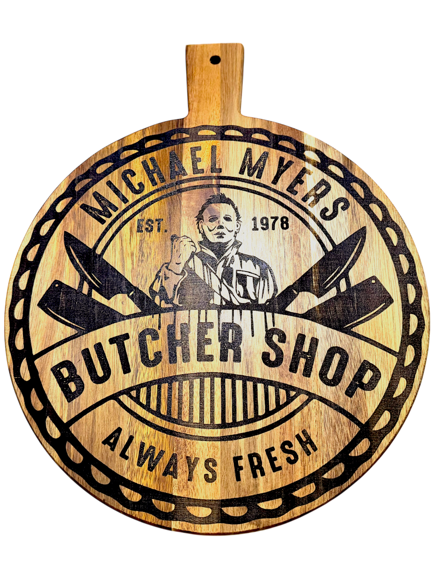 🔪 Michael Myers Butcher Shop Cutting Board – 13” Round Acacia Wood