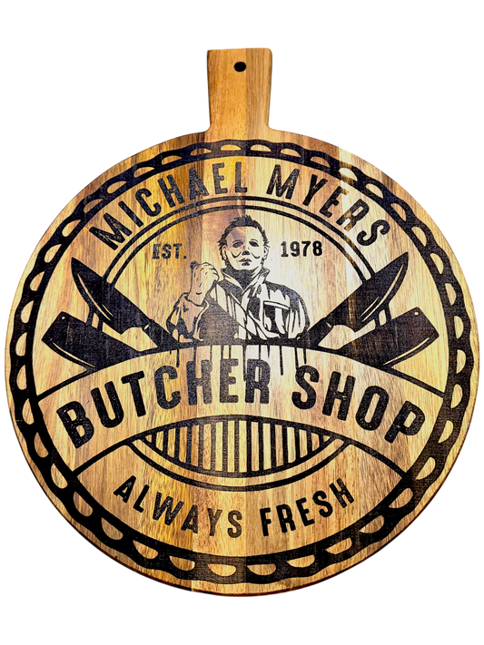 🔪 Michael Myers Butcher Shop Cutting Board – 13” Round Acacia Wood