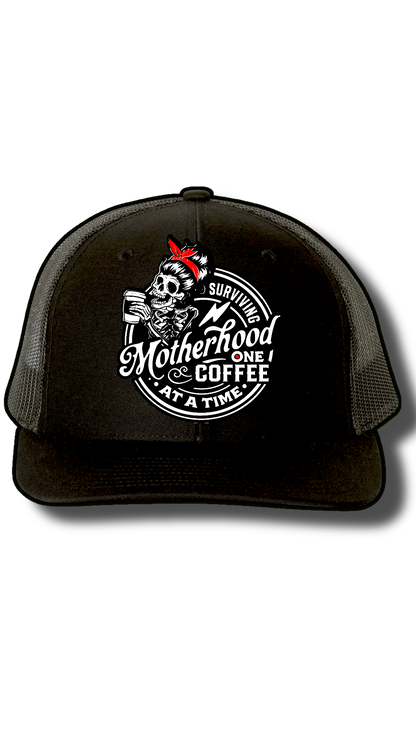 Surviving Motherhood One Coffee at a Time Hat – Richardson 112 Snapback with Laser Cut Skeleton Mom Patch – Funny Mom Trucker Hat