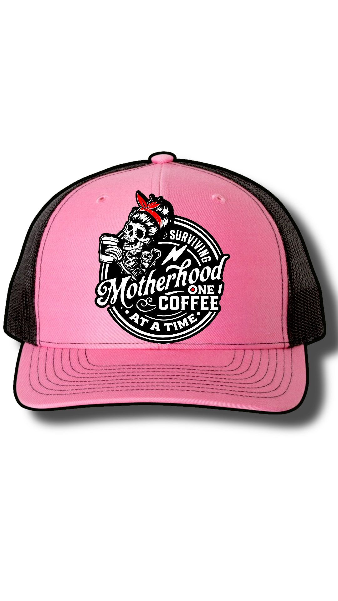 Surviving Motherhood One Coffee at a Time Hat – Richardson 112 Snapback with Laser Cut Skeleton Mom Patch – Funny Mom Trucker Hat
