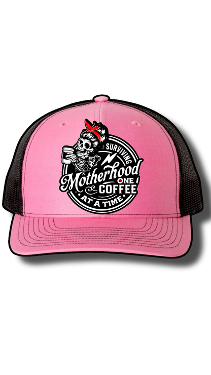 Surviving Motherhood One Coffee at a Time Hat – Richardson 112 Snapback with Laser Cut Skeleton Mom Patch – Funny Mom Trucker Hat