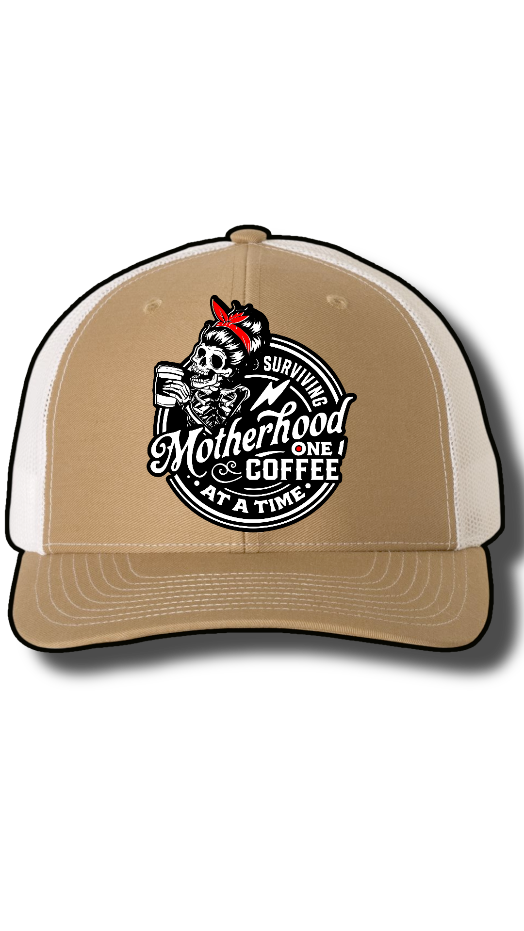 Surviving Motherhood One Coffee at a Time Hat – Richardson 112 Snapback with Laser Cut Skeleton Mom Patch – Funny Mom Trucker Hat