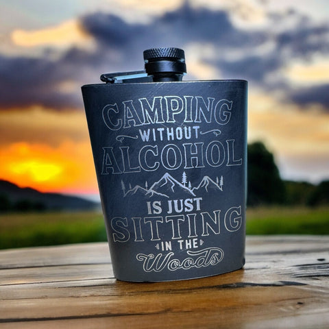 Camping Engraved Stainless Steel Hip Flask | camping-engraved-stainless-steel-hip-flask | Lady and The Lineman