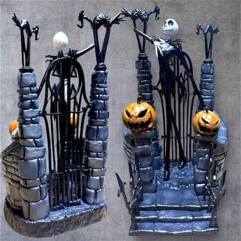 Jack Skellington 3D-printed resin diorama standing at gothic castle gates with jack-o’-lantern accents