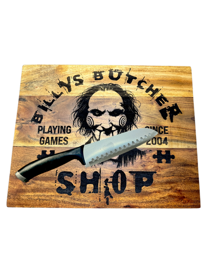 🪓 Billy’s Butcher Shop Acacia Cutting Board – Horror-Inspired Kitchen Decor