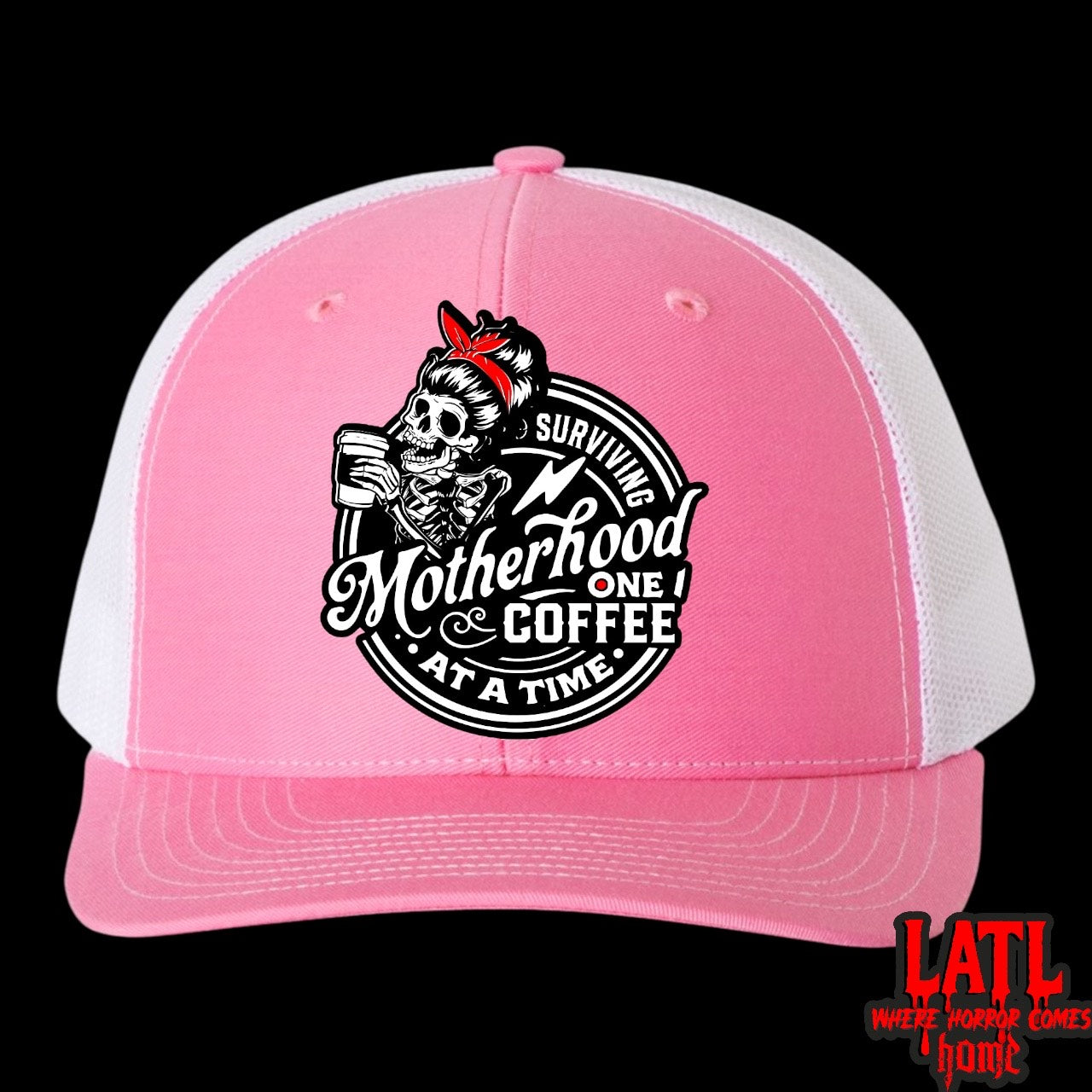 Surviving Motherhood One Coffee at a Time Hat – Richardson 112 Snapback with Laser Cut Skeleton Mom Patch – Funny Mom Trucker Hat