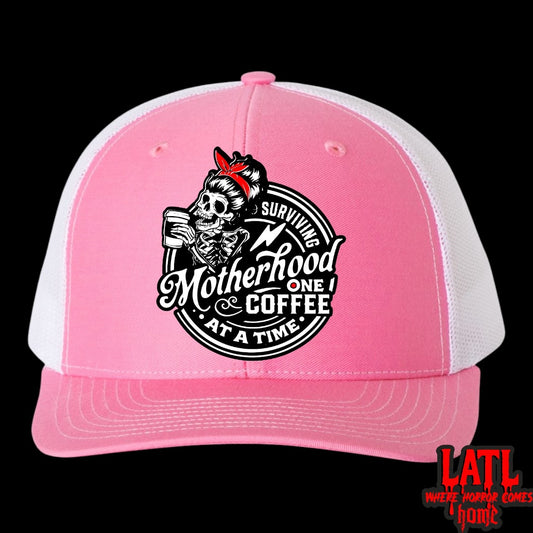 Surviving Motherhood One Coffee at a Time Hat – Richardson 112 Snapback with Laser Cut Skeleton Mom Patch – Funny Mom Trucker Hat