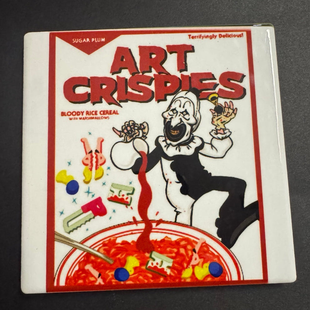 Art Crispies killer clown cereal parody horror coaster