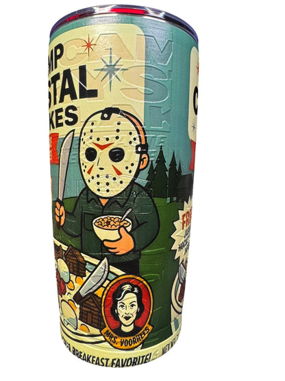 Camp Crystal Flakes 20 ounce stainless steel horror tumbler angled view