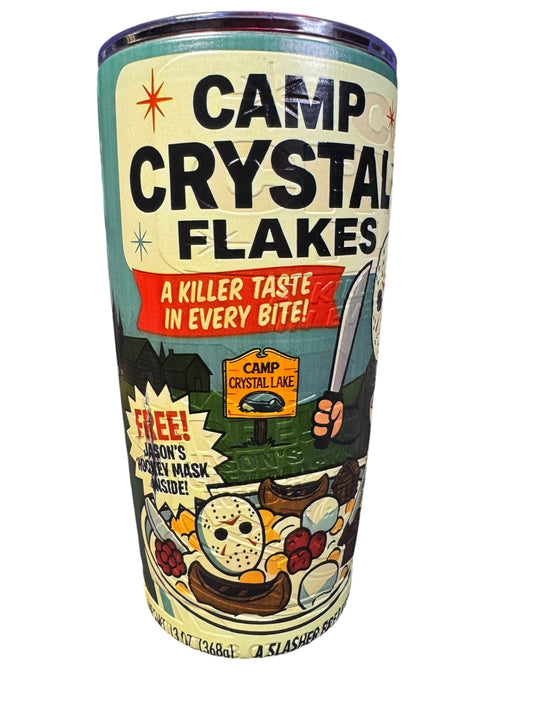 Camp Crystal Flakes 20 ounce stainless steel horror tumbler front view