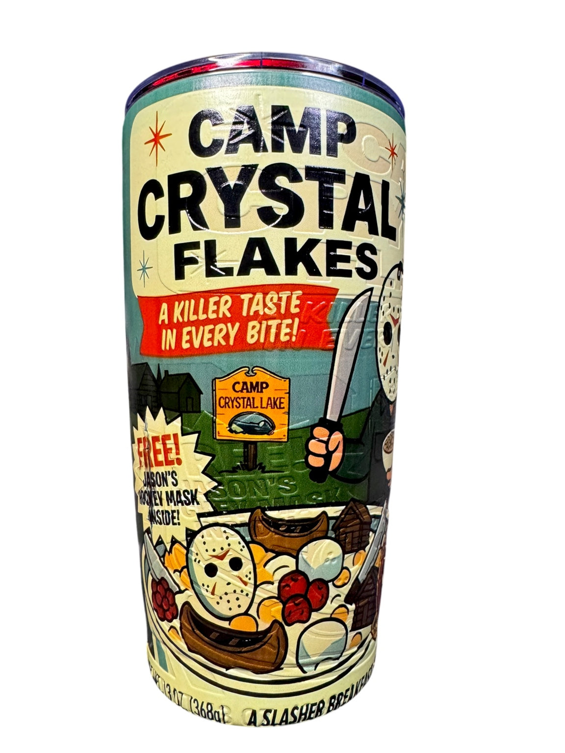 Camp Crystal Flakes 20 ounce stainless steel horror tumbler full view