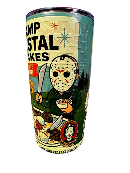Camp Crystal Flakes 20 ounce stainless steel horror tumbler side view
