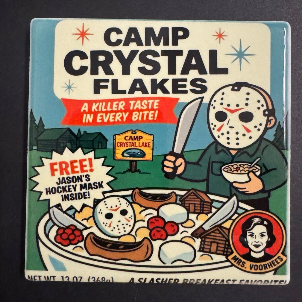 Camp Crystal Flakes retro slasher cereal parody coaster
