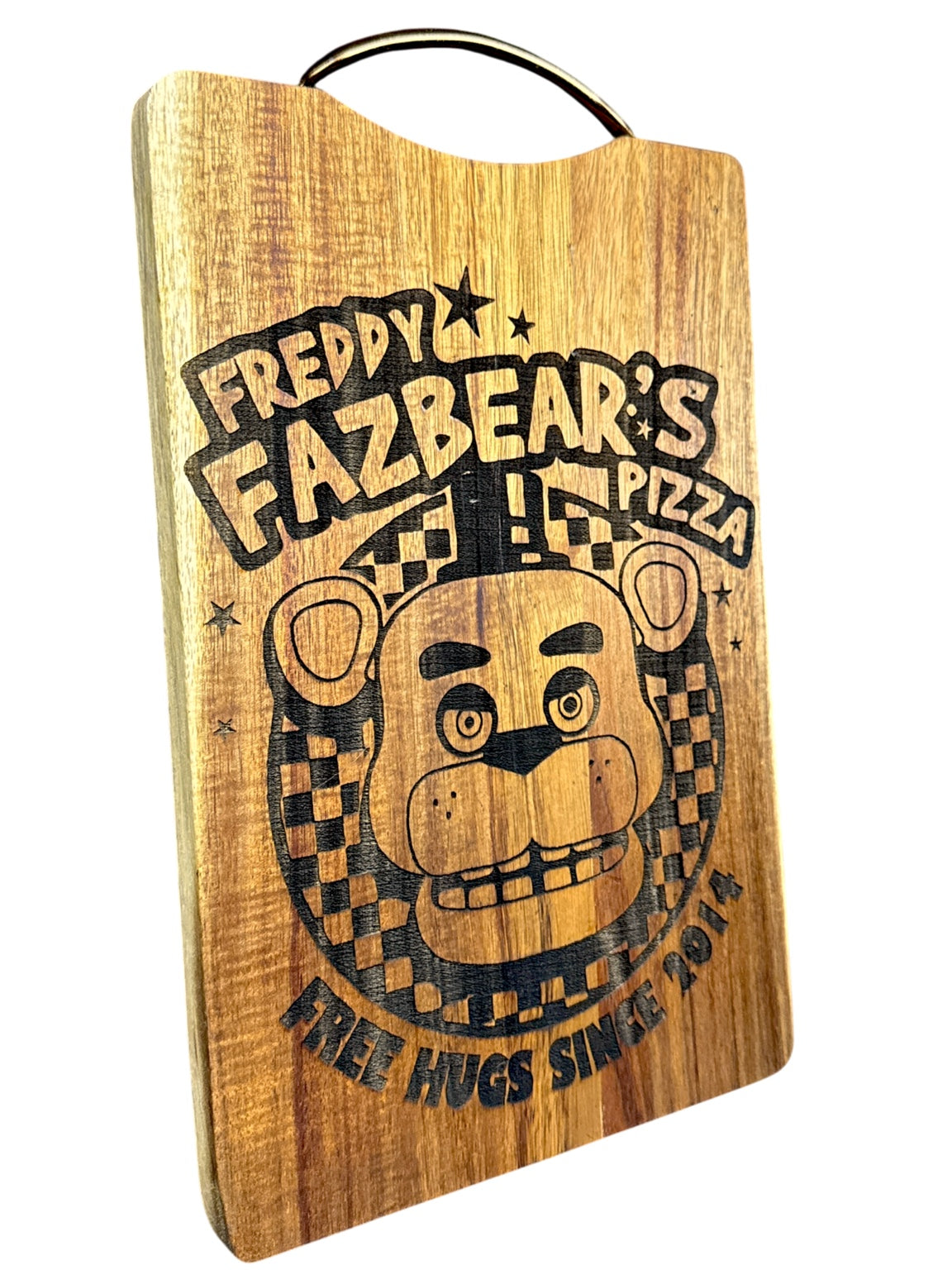 Angled view of Freddy Fazbear's Pizza engraved acacia cutting board