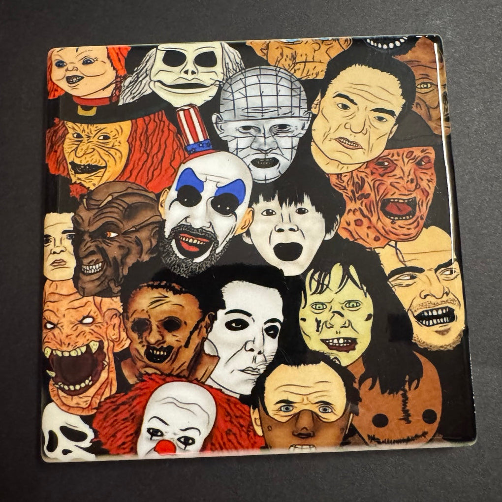 Square horror coaster collage featuring classic and modern horror characters