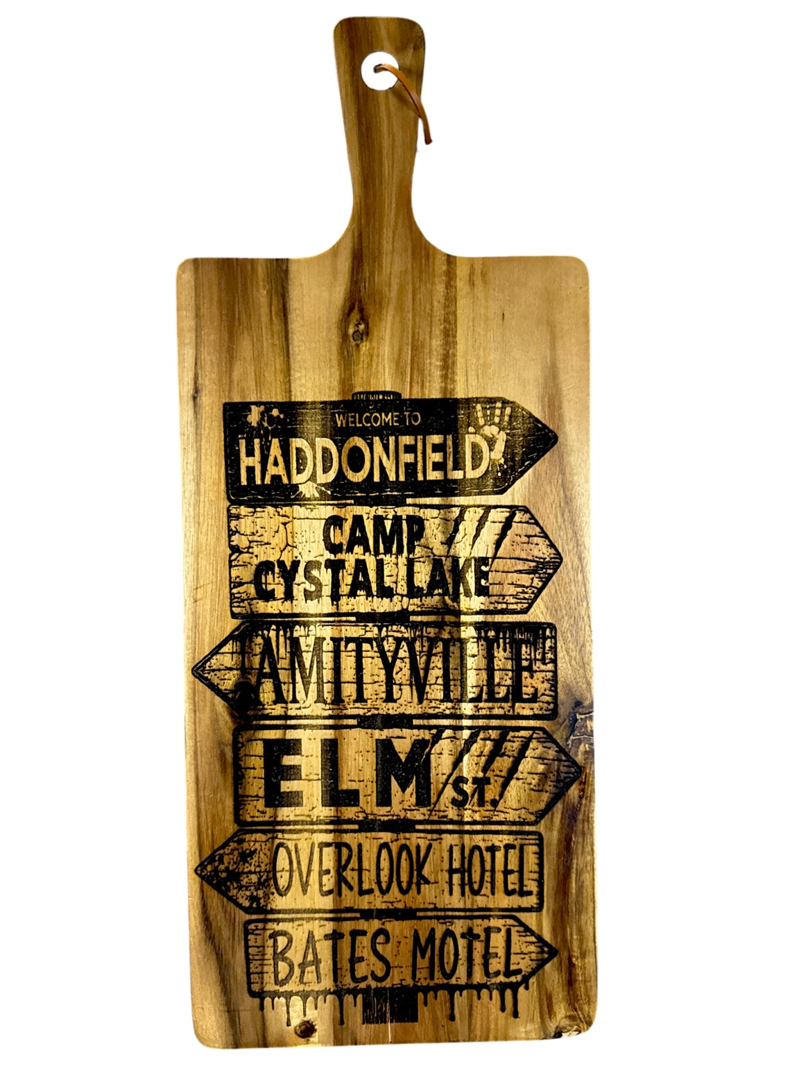 Large horror streets directional sign laser engraved acacia serving board
