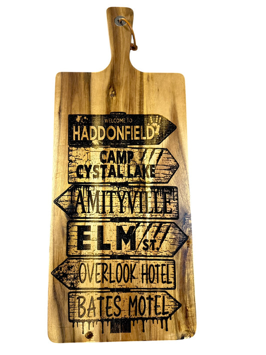 Large 22 inch horror streets engraved acacia serving board