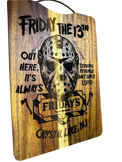Angled view of Jason Fridays parody engraved acacia cutting board