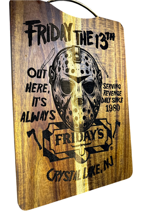 Angled view of Jason Fridays parody engraved acacia cutting board