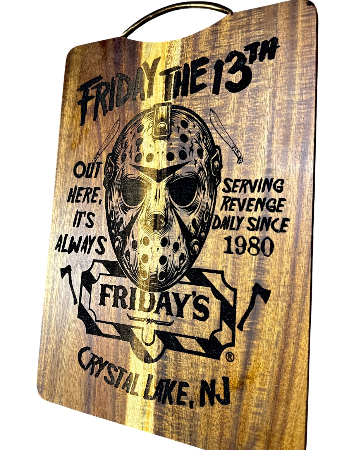 Second angled view of Jason Fridays parody engraved acacia cutting board
