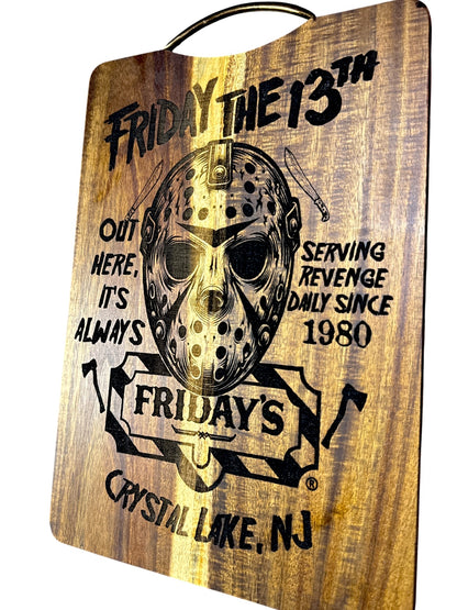 Second angled view of Jason Fridays parody engraved acacia cutting board