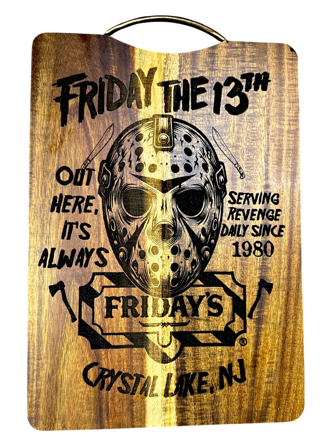 Jason Fridays restaurant parody laser engraved acacia cutting board