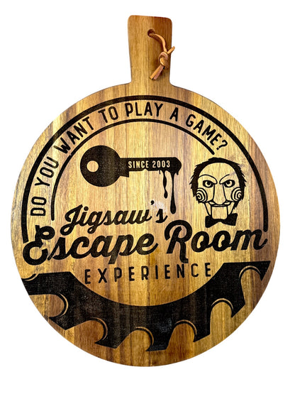 Jigsaw's Escape Room Saw inspired 12 inch round laser engraved acacia board