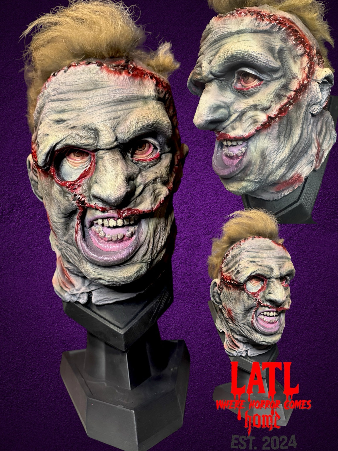 Hand-painted Leatherface horror bust with faux hair and stitched face detail