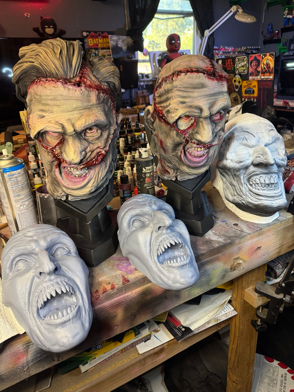 Leatherface horror busts in progress in the Lady and The Lineman workshop
