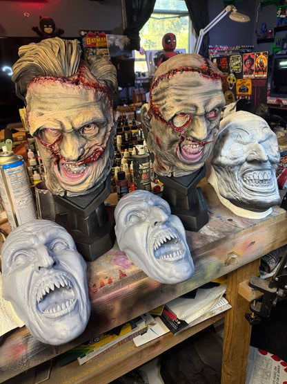 Leatherface horror busts in progress in the Lady and The Lineman workshop