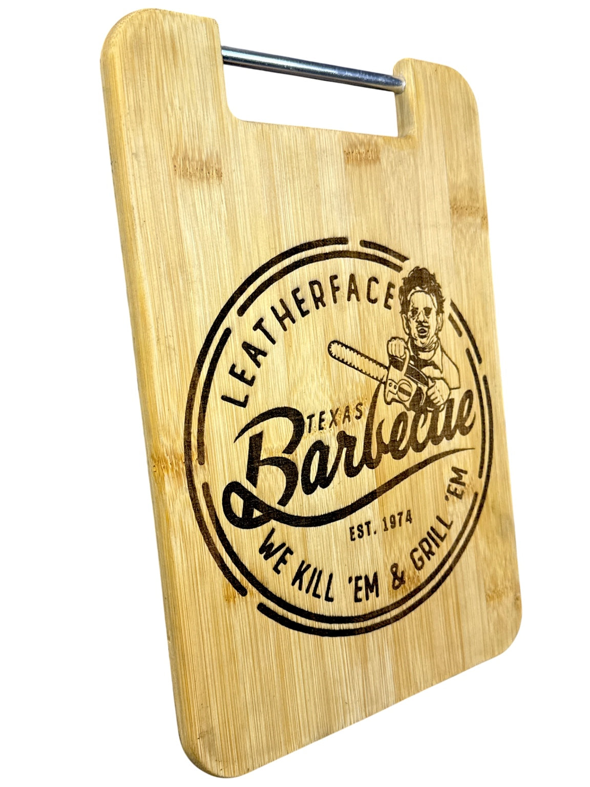 Leatherface Texas Barbecue 9 by 12 engraved bamboo cutting board angled view