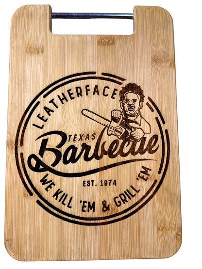 Leatherface Texas Barbecue 9 by 12 engraved bamboo cutting board front view